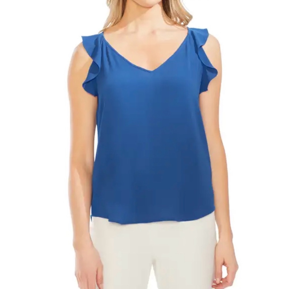 Vince Camuto Flutter Sleeve Crepe Royal Blue V-Neck Ruffle Sleeve Tank Top Sz